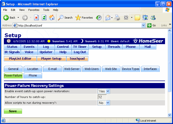 The Power Failure Setup Screen