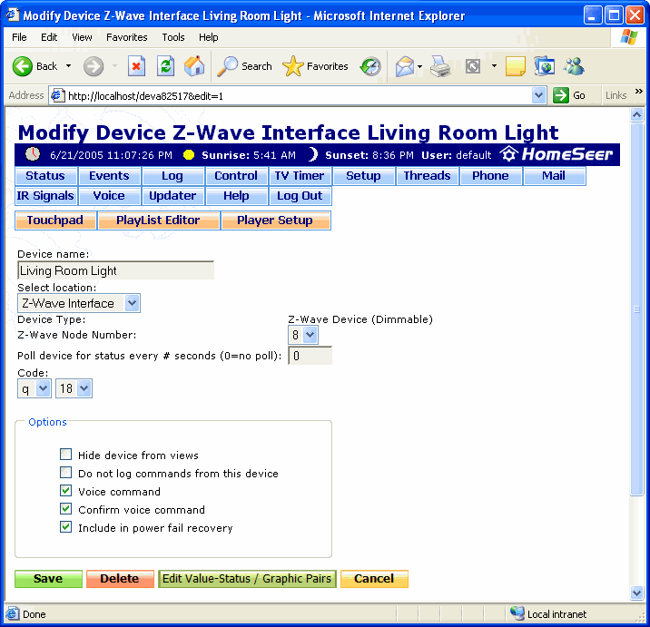 The Modify Device Screen