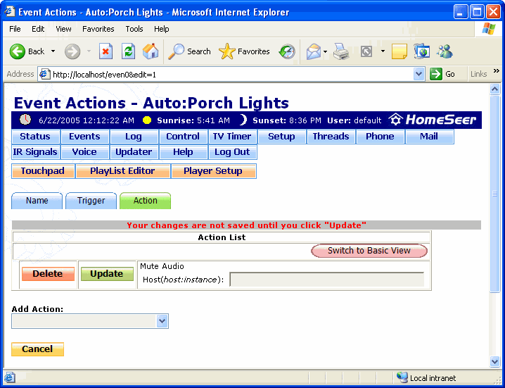 The Event Actions: Mute Audio Action Screen