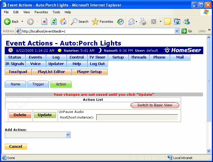 The Event Actions: UnPause Audio Action Screen