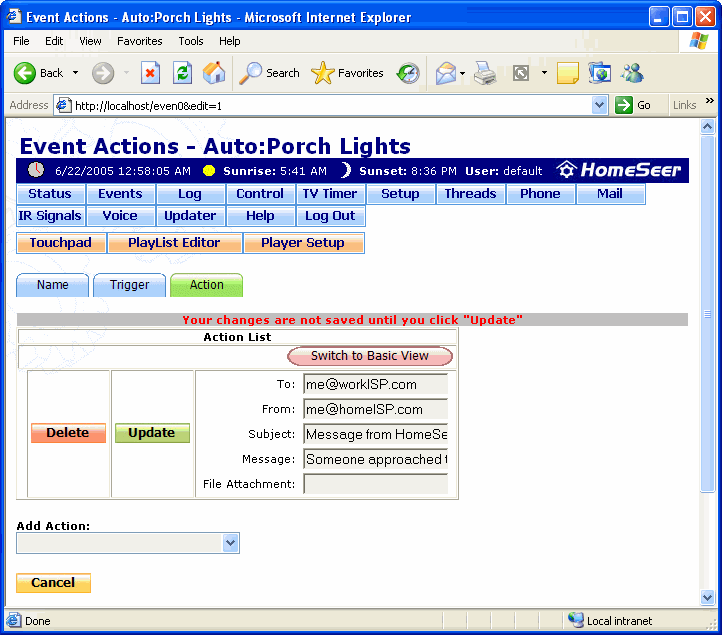 The Event Actions: Send Email Action Screen