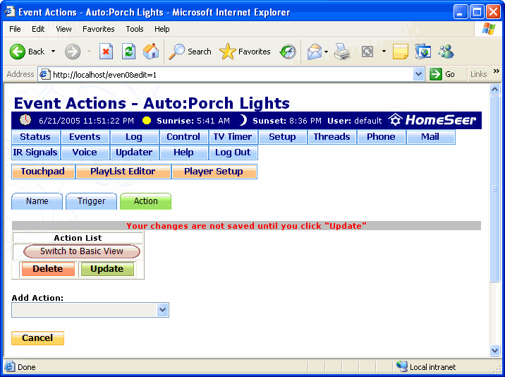 The Event Actions: Disconnect from Internet Action Screen
