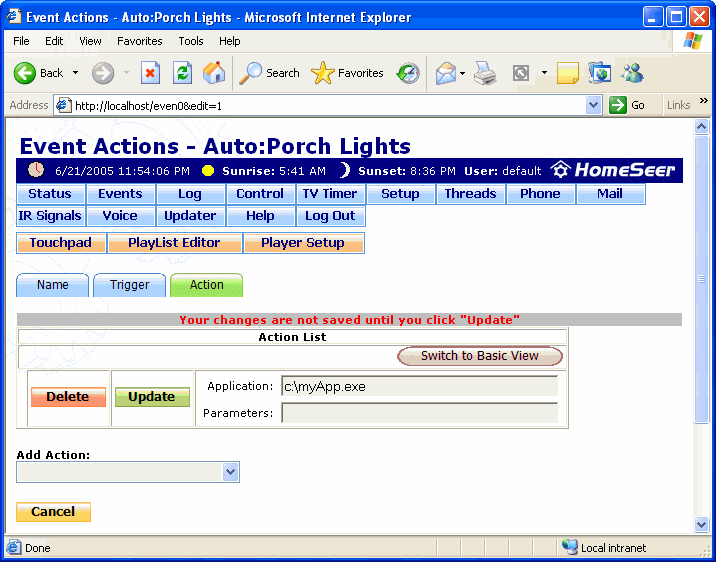 The Event Actions: Launch Application Action Screen