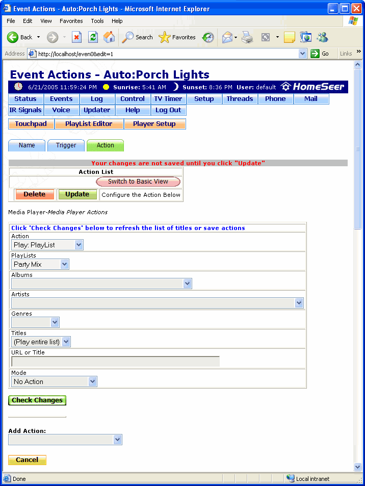 The Event Actions: Media Player Actions Screen