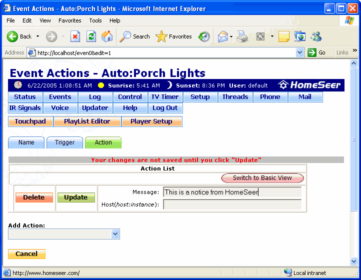 The Event Actions: Send Message to Speaker Client Action Screen