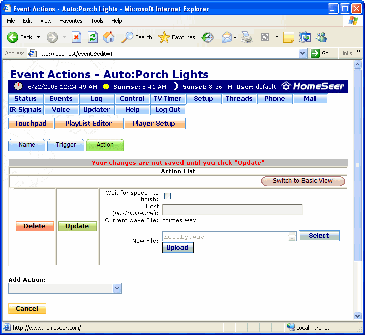 The Event Actions: Play WAV File Action Screen