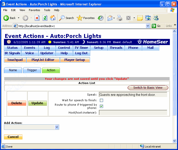 The Event Actions: Speak Action Screen