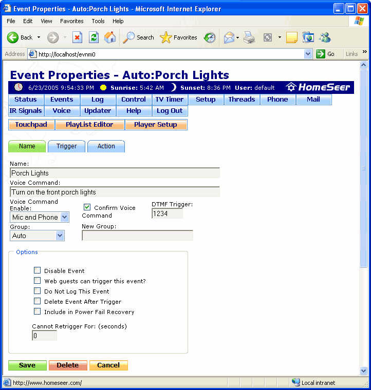 The Event Properties Screen